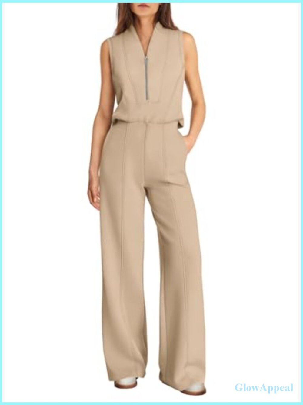 Womens Wide Leg Jumpsuit Sleeveless V Neck Zip Up Casual Travel Outfit Summer - Picture 2 of 5